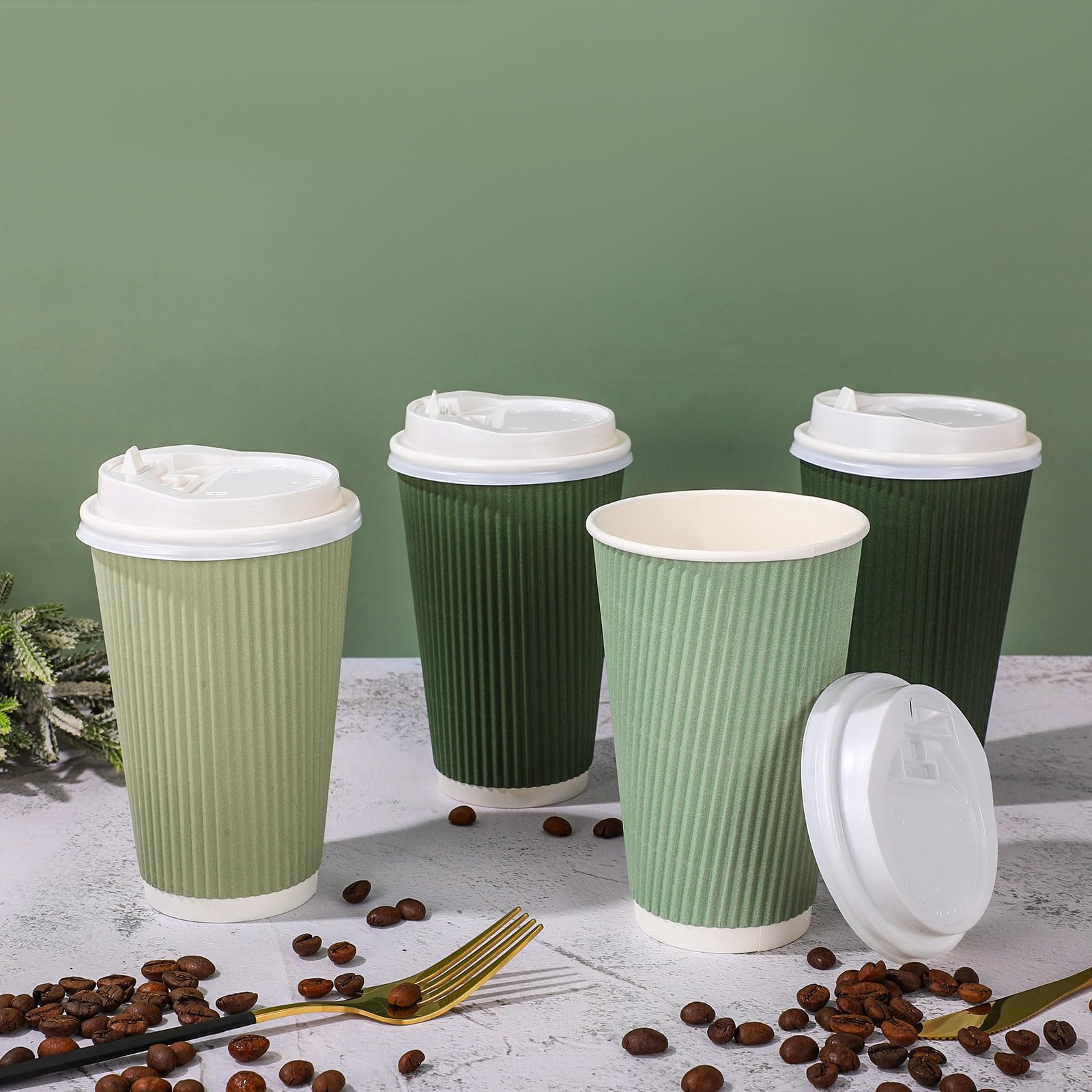 100Pcs Sage Green Disposable Coffee Cups with Lids - Gradient Green Paper Cups with Corrugated Ripple Wall - Insulated Hot Cups for Coffee, Tea & Hot Beverages - Perfect for Home, Office, Parties & Cafes