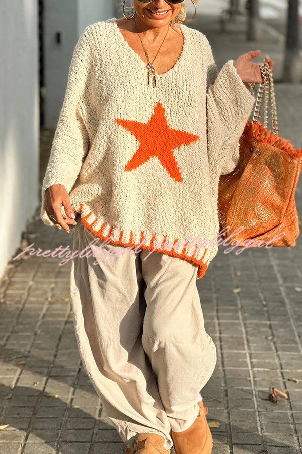 Cozy Winter Knit Sweater with Star Pattern & Contrast Colors - Loose Fit for Casual Outings, Holiday Gatherings & Cold Weather Fashion