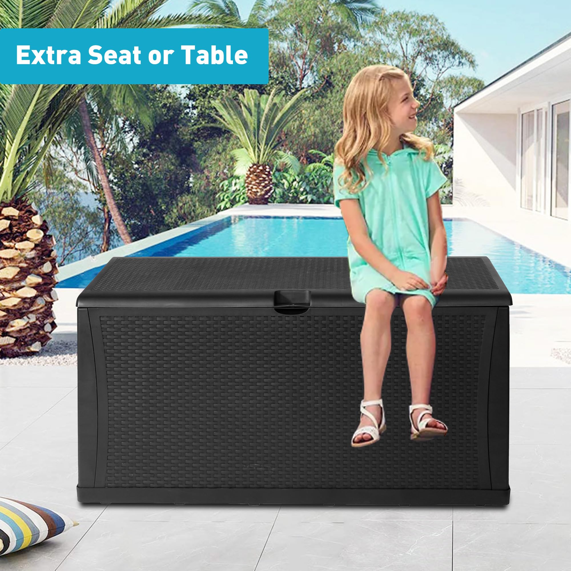 LUCKYERMORE 120 Gallon Large Outdoor Deck Box - Waterproof, Lockable Storage Container for Patio, Garden & Backyard - Heavy-Duty Resin Rattan Design - Perfect for Cushions, Toys & Pool Accessories