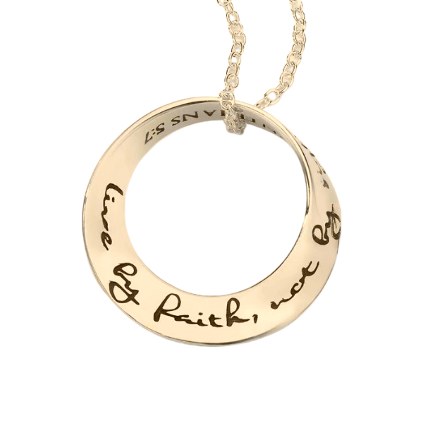 14K Gold Mobius Pendant Necklace - Live by Faith Not by Sight Bible Verse Jewelry (2 Corinthians 5:7) - Inspirational Christian Gift for Women, Baptism, Confirmation & Daily Wear