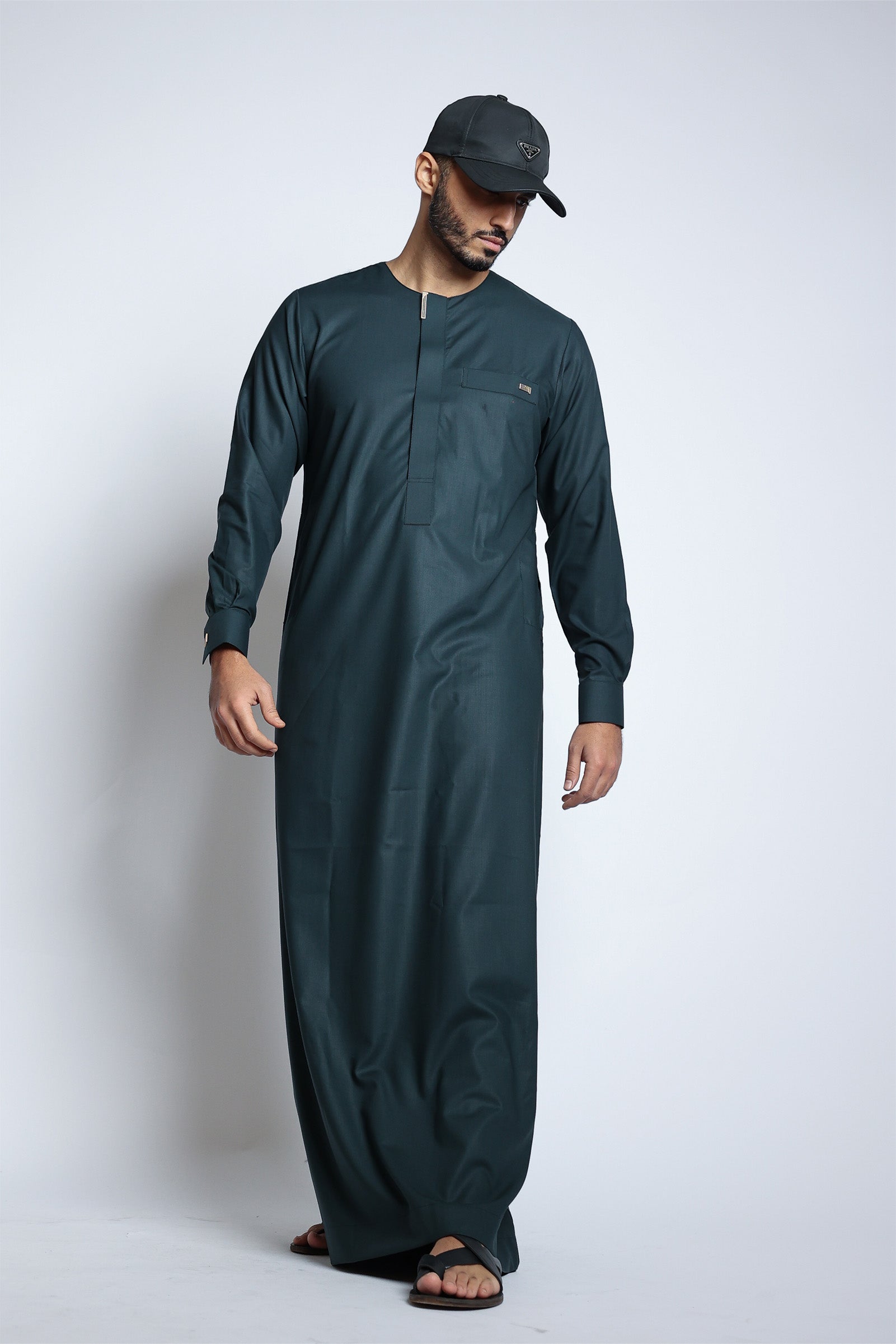 J108 Bottle Green Buckle Thobe - Premium Islamic Robe for Men | Comfortable & Stylish Prayer Dress | Perfect for Eid, Ramadan & Mosque Wear
