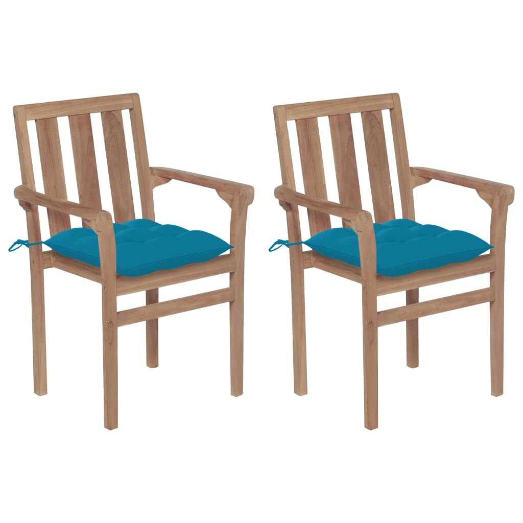 Premium Teak Wood Patio Chairs Set of 2 with Light Blue Cushions - Outdoor Garden Furniture for Poolside, Deck, Backyard & Patio Relaxation