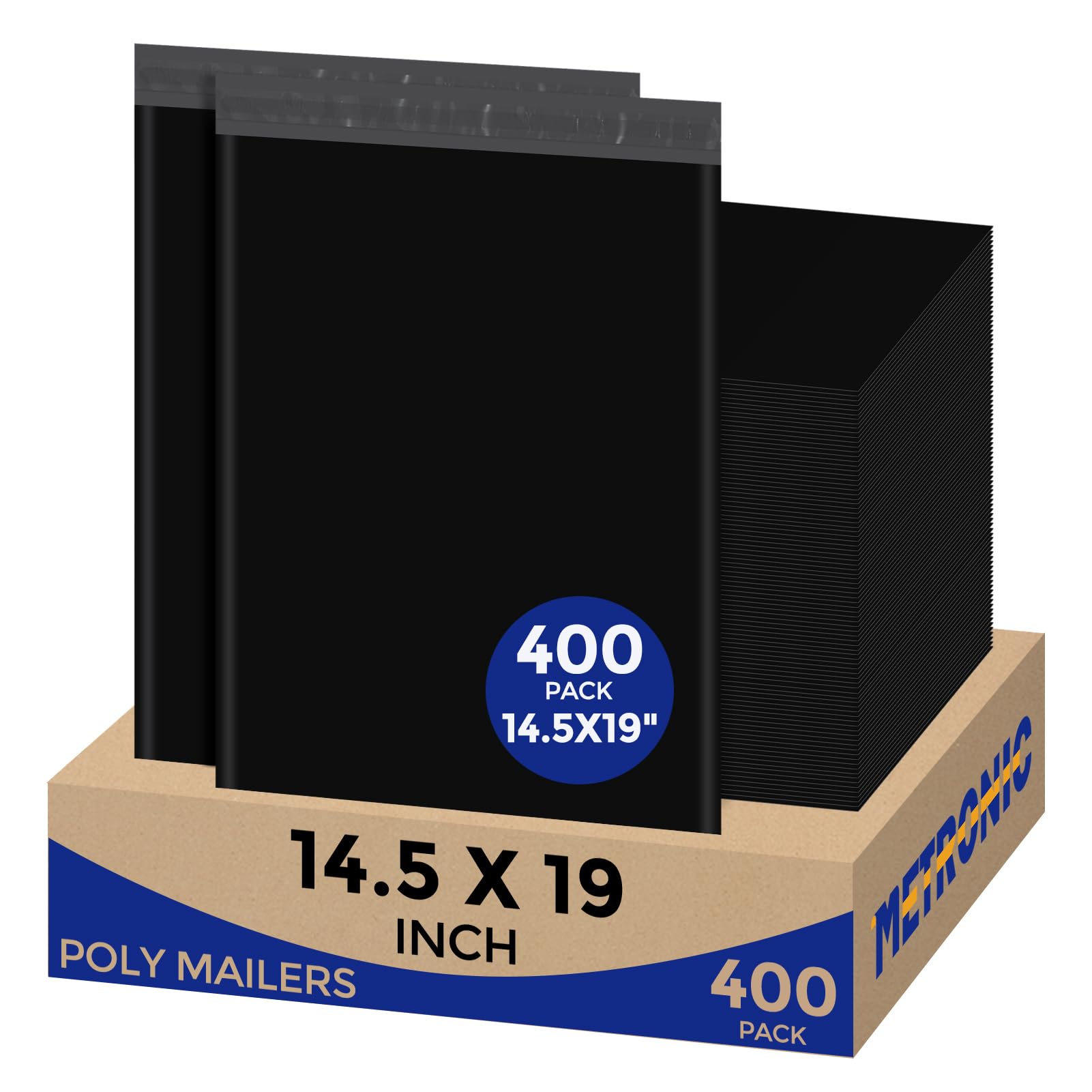 Metronic 14.5x19 Inch 400 Pack Large Poly Mailers - Waterproof Self-Adhesive Shipping Envelopes for Clothing & Small Business - Durable Mailing Bags for Ecommerce, Online Stores & Retail Packaging (Black)