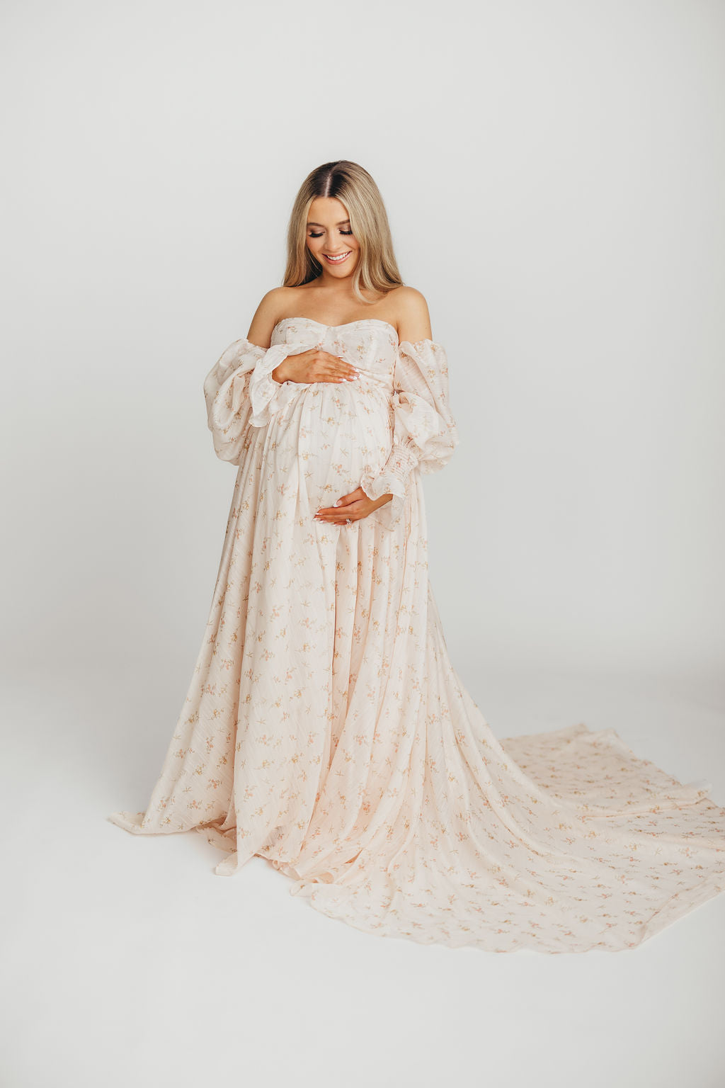 Delilah Maxi Dress with Train in Peach - Bump Friendly Maternity Dress (XS-3XL) for Weddings, Parties & Special Occasions