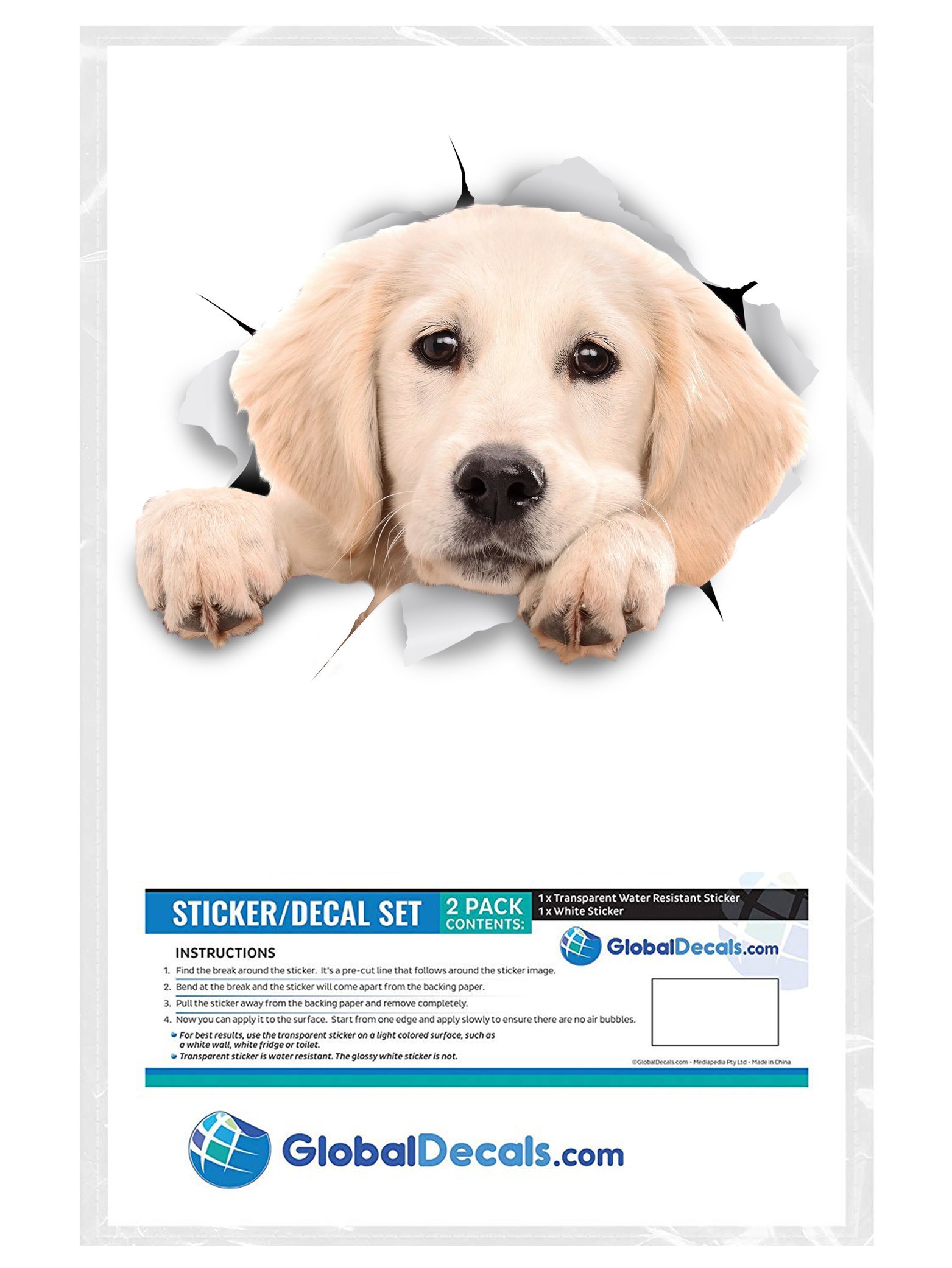 Winston & Bear 3D Dog Stickers - 2 Pack Peeking Labrador Retriever Decals for Wall, Fridge, Toilet Decor - White Labrador Stickers for Home, Office & Pet Lovers - Retail Packaging