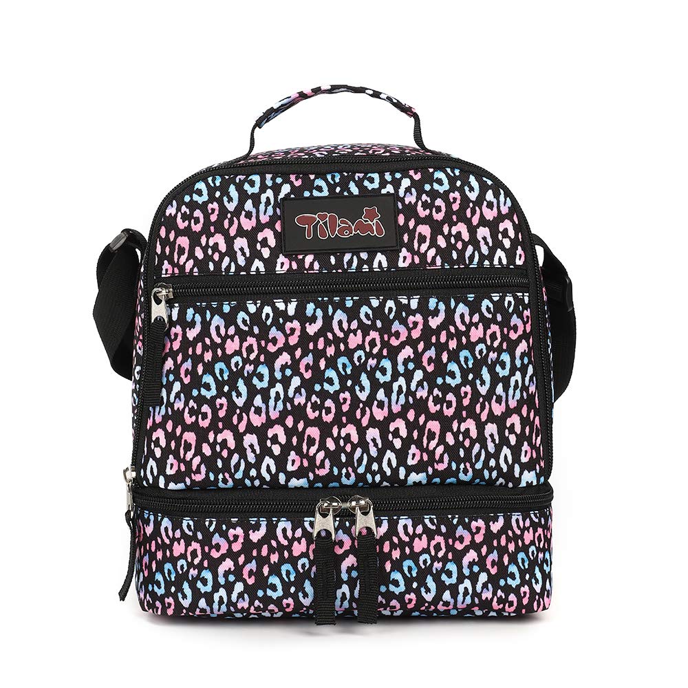 Tilami Insulated Lunch Bag for Kids & Toddlers - Adjustable Strap, 2 Compartment Zipper Cooler Bag, Leopard Print Design - Perfect for School, Picnics & Outdoor Activities