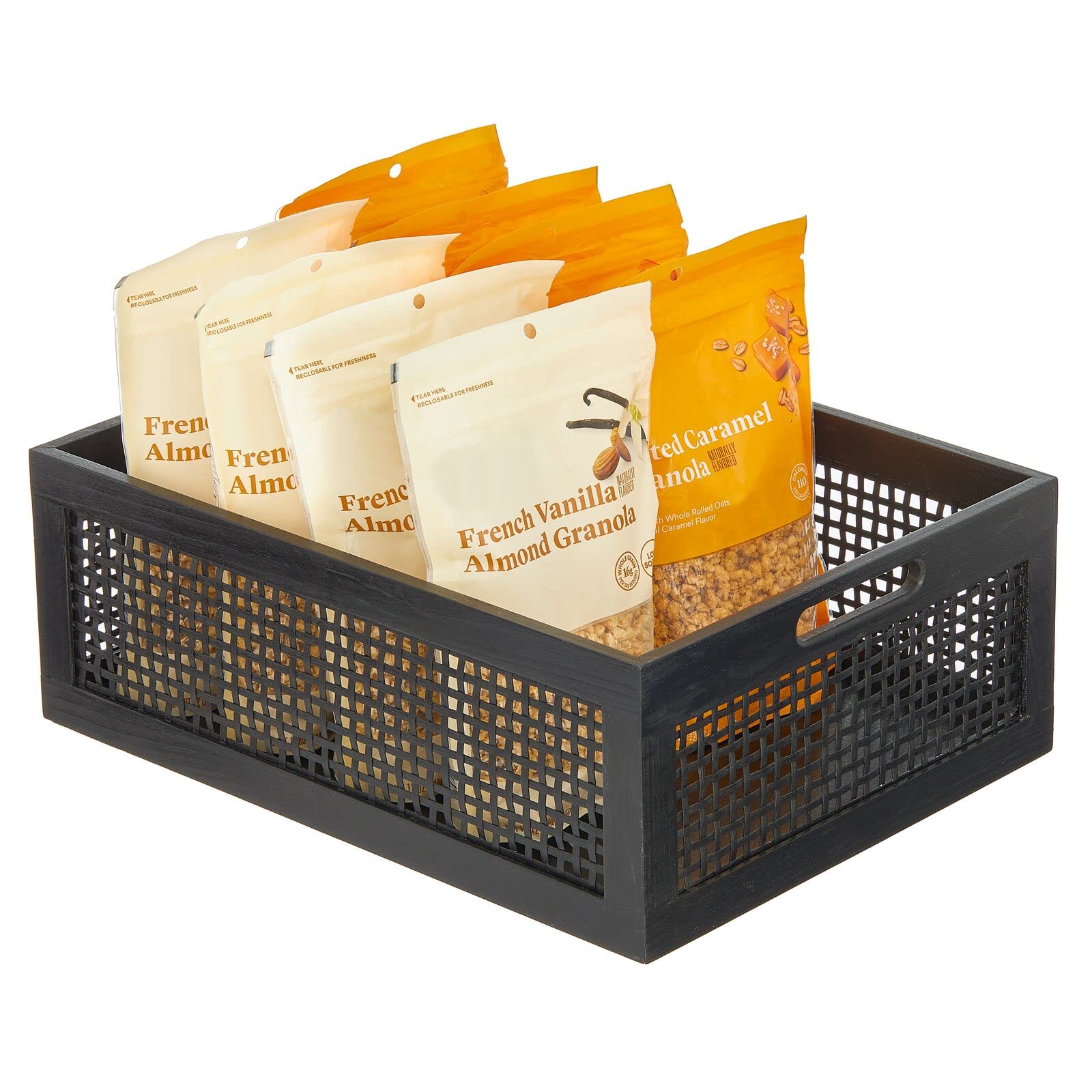 mDesign Large Decorative Wooden Crate Storage Box - Rustic Pine Wood Organizer Bin with Built-In Handles for Kitchen Pantry, Cupboard, Cabinet & Countertop | Home Organization Solution for Bedroom, Bathroom, Living Room & Office - Black Pine Finish
