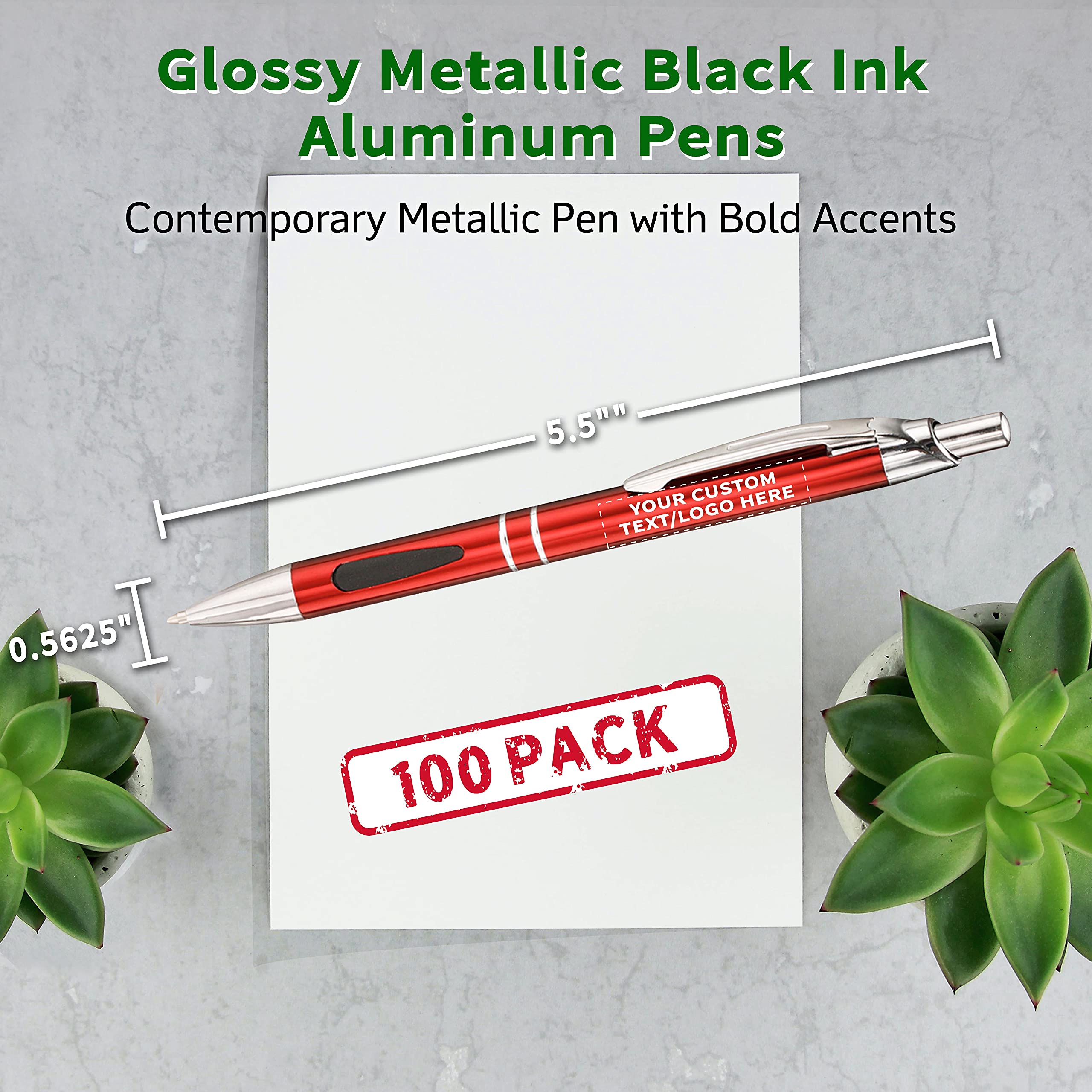 100 Pack Black Ink Metal Pens with Custom Text & Logo - Retractable Ballpoint Pens with Silver Accents - Premium Office & Business Writing Supplies for Corporate Gifts, Promotions & Everyday Use