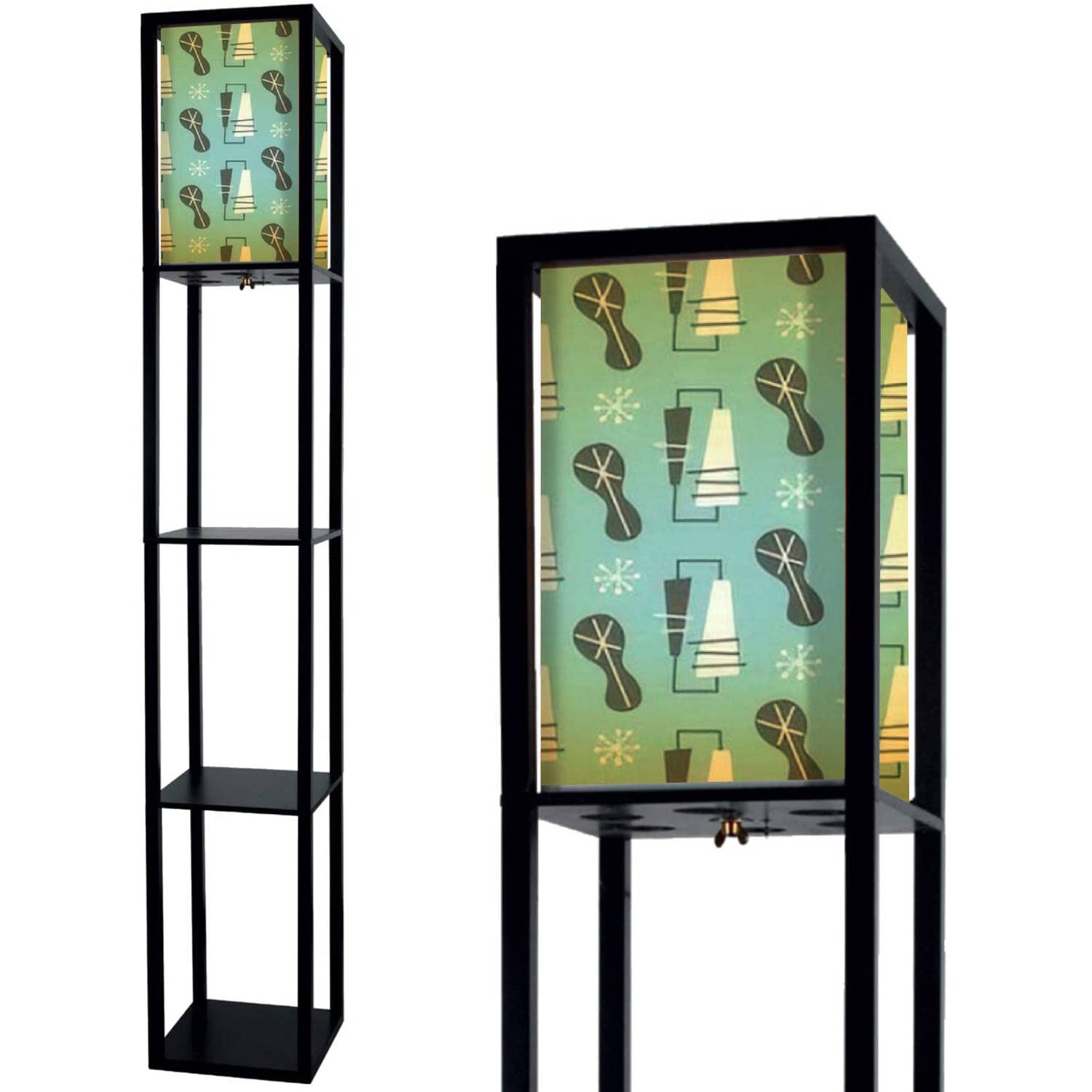 Mid Century Modern Floor Lamp with Shelves - Vintage 1950s Atomic Retro Standing Lamp with Flaxen Fabric Shade - Tall Corner Lamp for Living Room, Bedroom & Office - Perfect for Reading Nook, Home Office Lighting & Bedside Aesthetic Decor