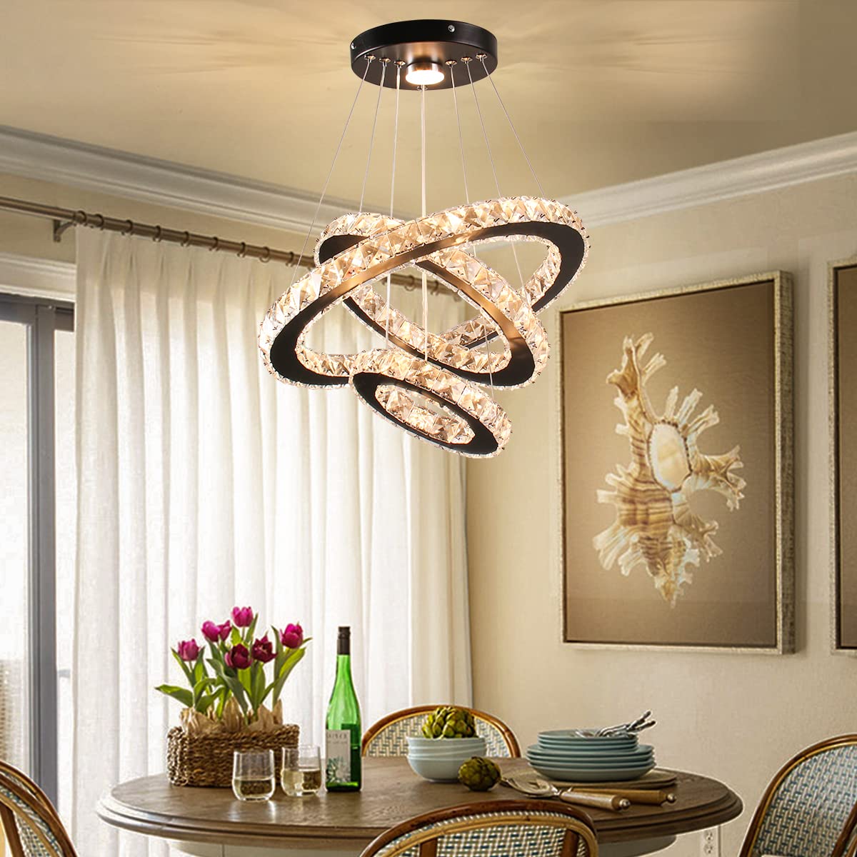 Dimmable Black Modern LED Crystal Chandelier - 3-Tier Ring Pendant Light with Adjustable Height for Dining Room, Bedroom & Living Room | Elegant Ceiling Lighting Fixture for Home Decor & Special Occasions