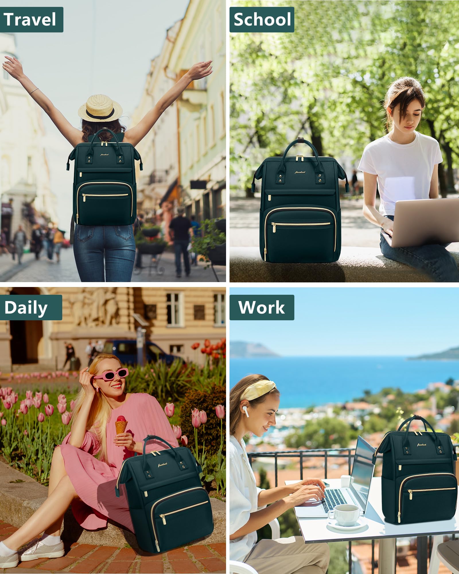 Professional Women's Laptop Backpack - 15.6 Inch Waterproof Work Bag with USB Port, Dark Green Travel Backpack for Nurse, Teacher, Office, and College Students
