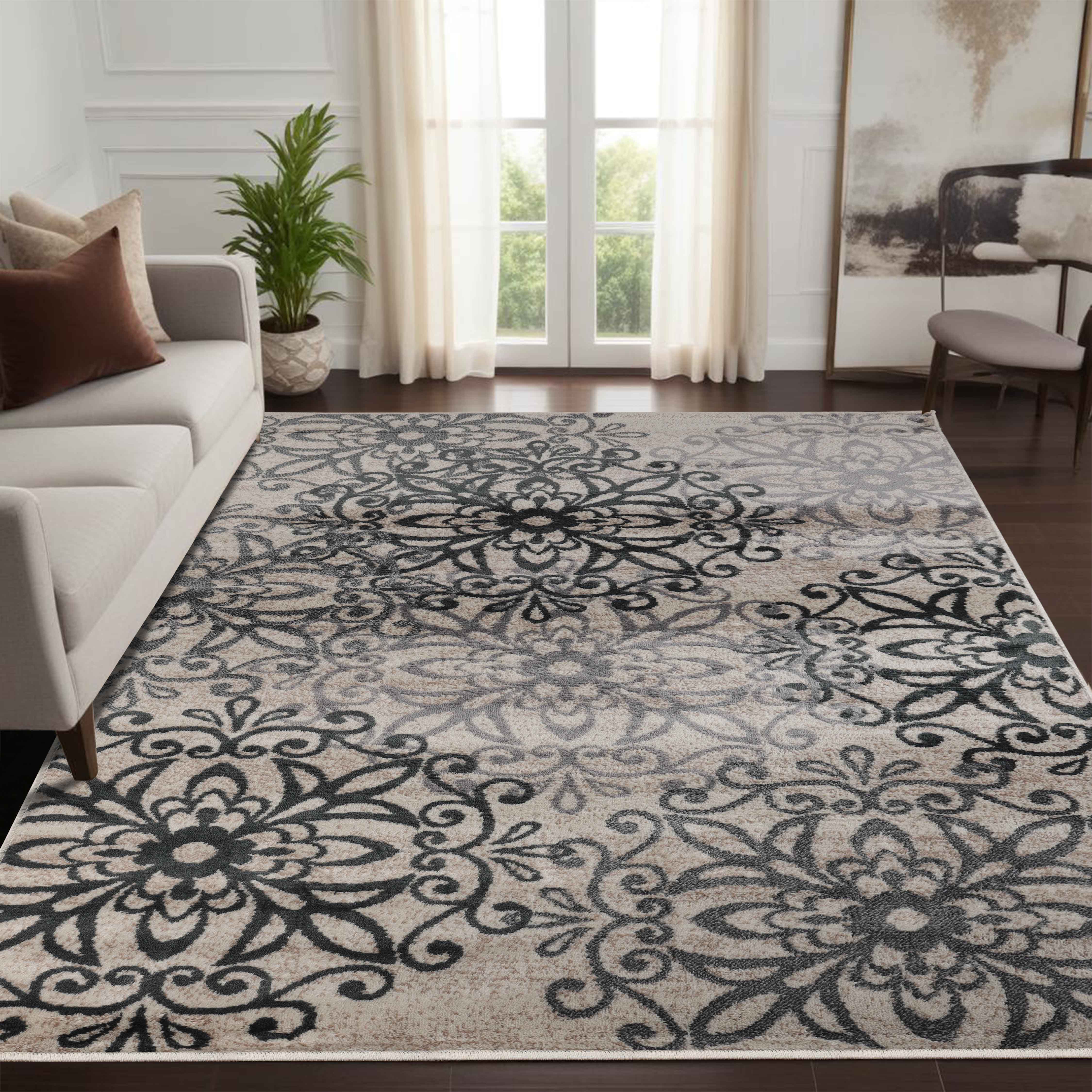 Leigh Traditional Floral Scroll Indoor Area Rugs & Runner Rugs - Non-Slip Soft Living Room Bedroom Decor Carpet