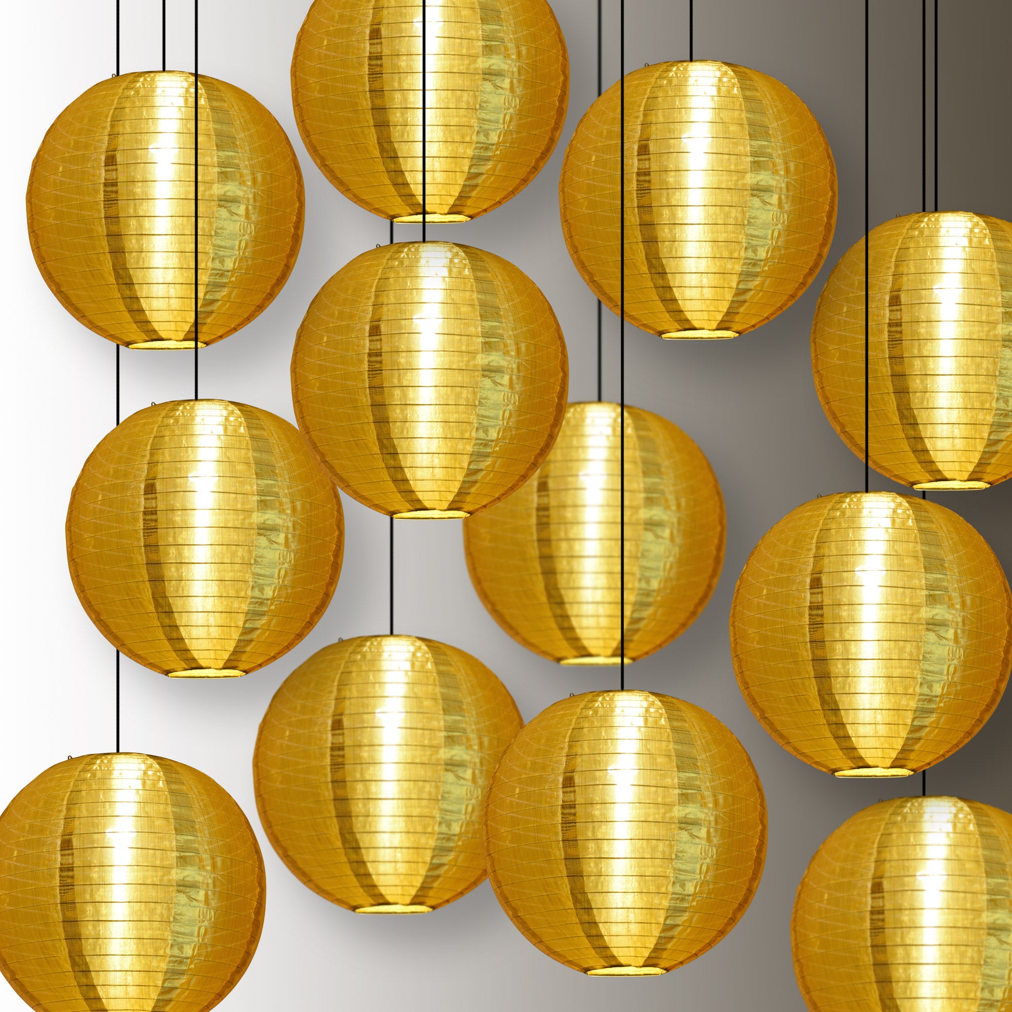 12 Pack Gold Shimmering Nylon Lanterns - Even Ribbing, Durable Hanging Decorations for Party, Wedding & Outdoor Events