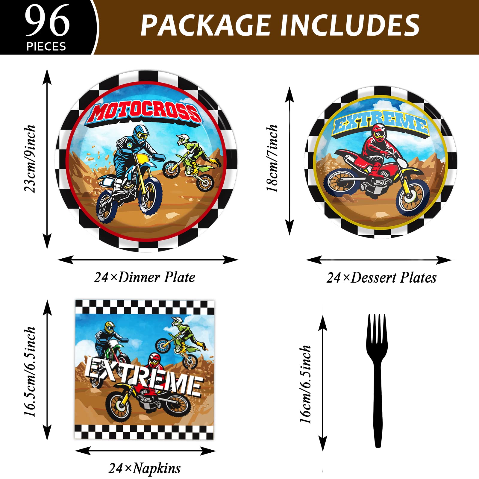 96 Pcs Dirt Bike Themed Party Plates and Napkins Set - Motorcycle Motocross Birthday Party Supplies for Boys, Baby Shower, Tableware Decorations (Serves 24) - Perfect for Kids' Birthday Parties, Motorcycle Themed Events, and Dirt Bike Celebration Decorations