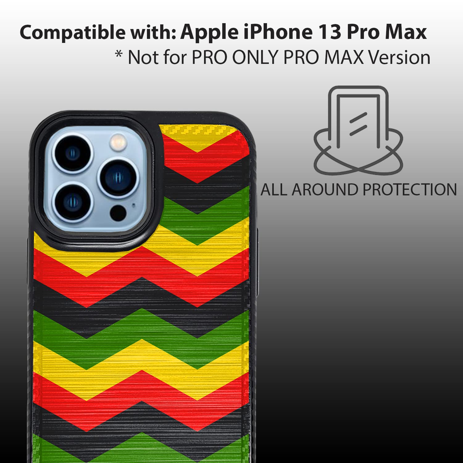 Premium Dual Layer Protective Case for Apple iPhone 13 Pro Max - Brushed Armor Metal Finish with Rasta Chevron Design | Shockproof & Scratch Resistant Cover for Everyday Use, Travel & Outdoor Activities