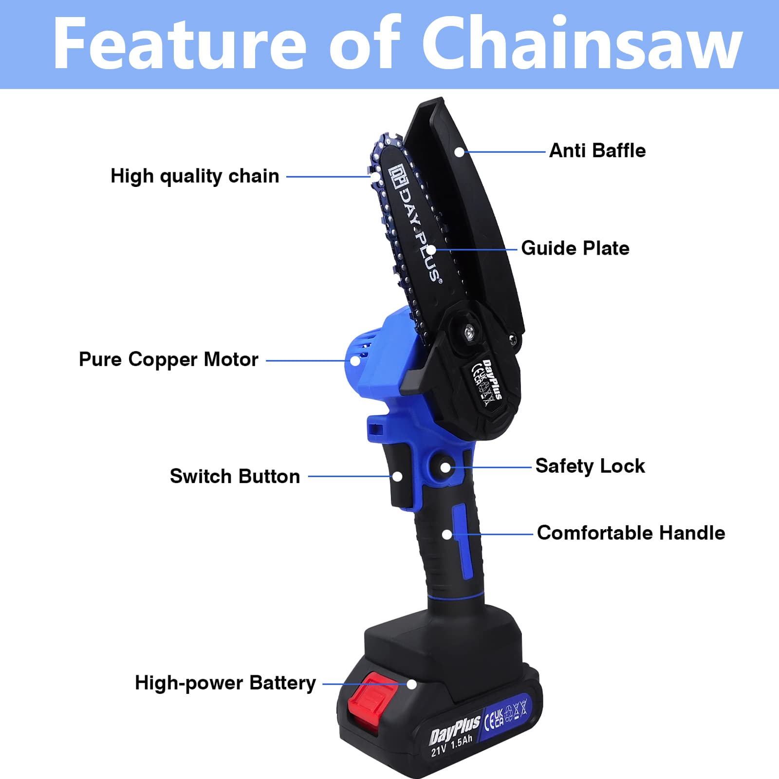 ZanGe 21V Cordless Chainsaw - 4 Inch Battery Powered Electric Chainsaw with 1.5Ah Lithium-ion Battery & Charger | Mini Lightweight One-Handed Chainsaw for Tree Branch Cutting, Yard Work, Gardening & Woodworking | Perfect for Homeowners & DIY Projects