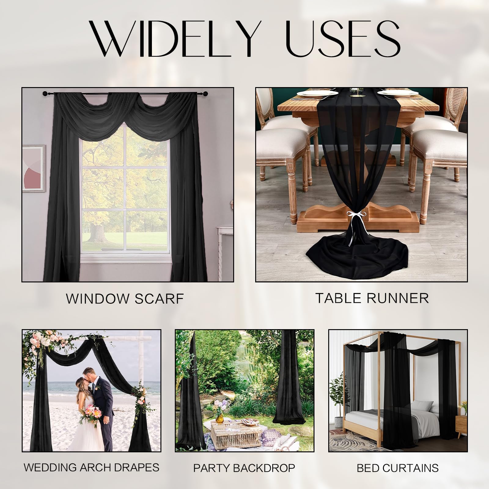Luxury Black Sheer Canopy Bed Curtains - 52 x 256 Inches 2-Panel Bed Canopy Drapes for King Size Beds, Elegant Scarf Style Bedroom Decor for Adults & Girls - Perfect for Romantic Bedrooms, Boho Chic Spaces & Princess-Themed Rooms