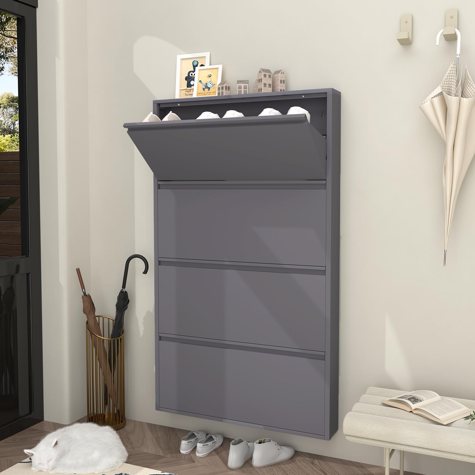 GREATMEET 4-Tier Wall Mounted Steel Shoe Cabinet with Flip Drawers - Space Saving Entryway Shoe Organizer for Indoor Shoe Storage (Black) - Perfect for Small Apartments, Closets & Mudrooms