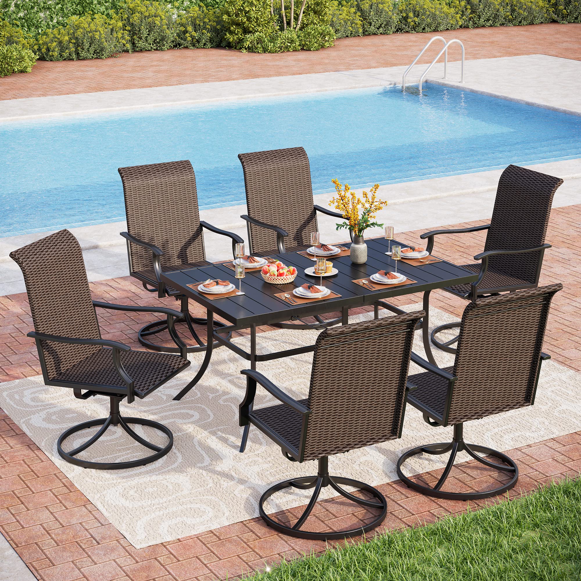 PHI VILLA 7-Piece Outdoor Patio Dining Set - Metal Frame with Rattan Swivel Chairs - Indoor/Outdoor Furniture for Garden, Yard, Backyard & Balcony - Perfect for Family Gatherings, BBQs & Outdoor Entertaining