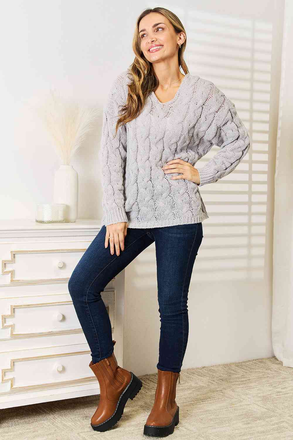 Cozy Light Gray Cable Knit Hooded Sweater for Women - Winter Warm Pullover Casual Outfit for Fall & Winter Fashion