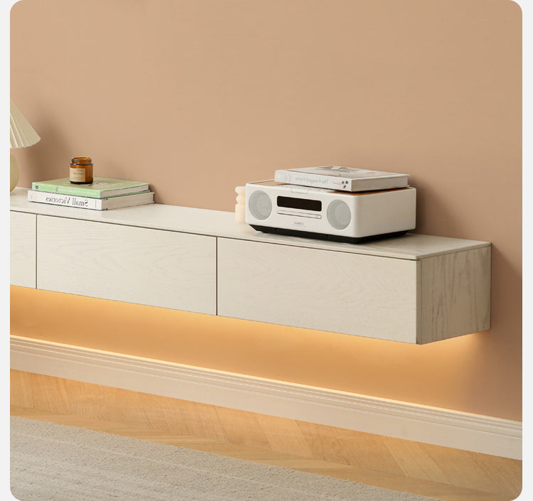 White Cream Oak Solid Wood Floating TV Stand - Modern Suspension TV Cabinet for Living Room, Bedroom & Home Theater Setup