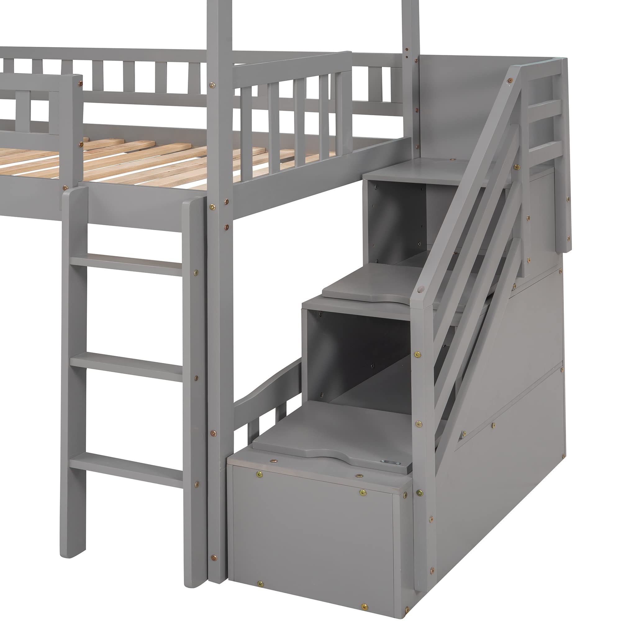 Twin Loft Bed with Slide & Stairs - Wooden House Cabin Bed for Kids & Toddlers with Storage Drawers | Space-Saving Kids Bedroom Furniture for Small Rooms & Play Areas (Grey)