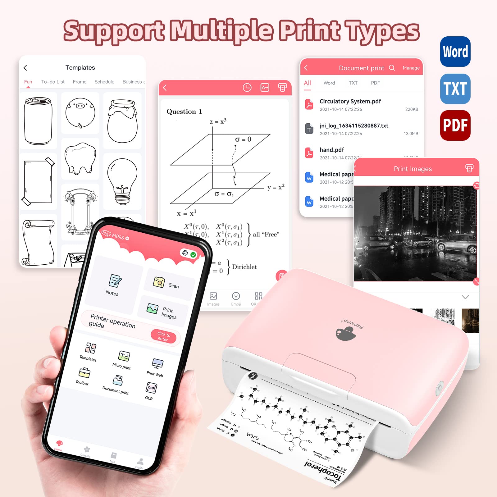 Phomemo M04S Portable Bluetooth Thermal Printer - Wireless Inkless Sticker Printer for iOS & Android, 300dpi High Resolution, Supports 53/80/110mm Paper (Pink) - Perfect for Labeling, Note Taking, Receipt Printing & Small Business Organization