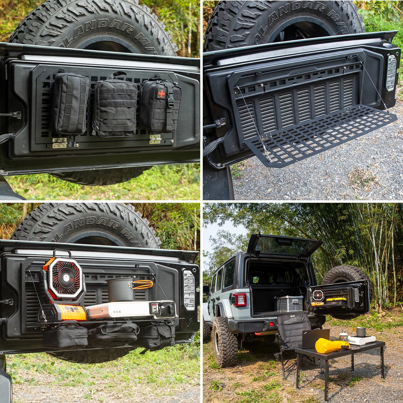 Foldable Tailgate Table with MOLLE Panel & 3 Storage Bags - Rear Cargo Rack Organizer for 2007-2024 Jeep Wrangler JKU JL JLU 4 Door - Perfect for Camping, Off-Roading & Outdoor Adventures