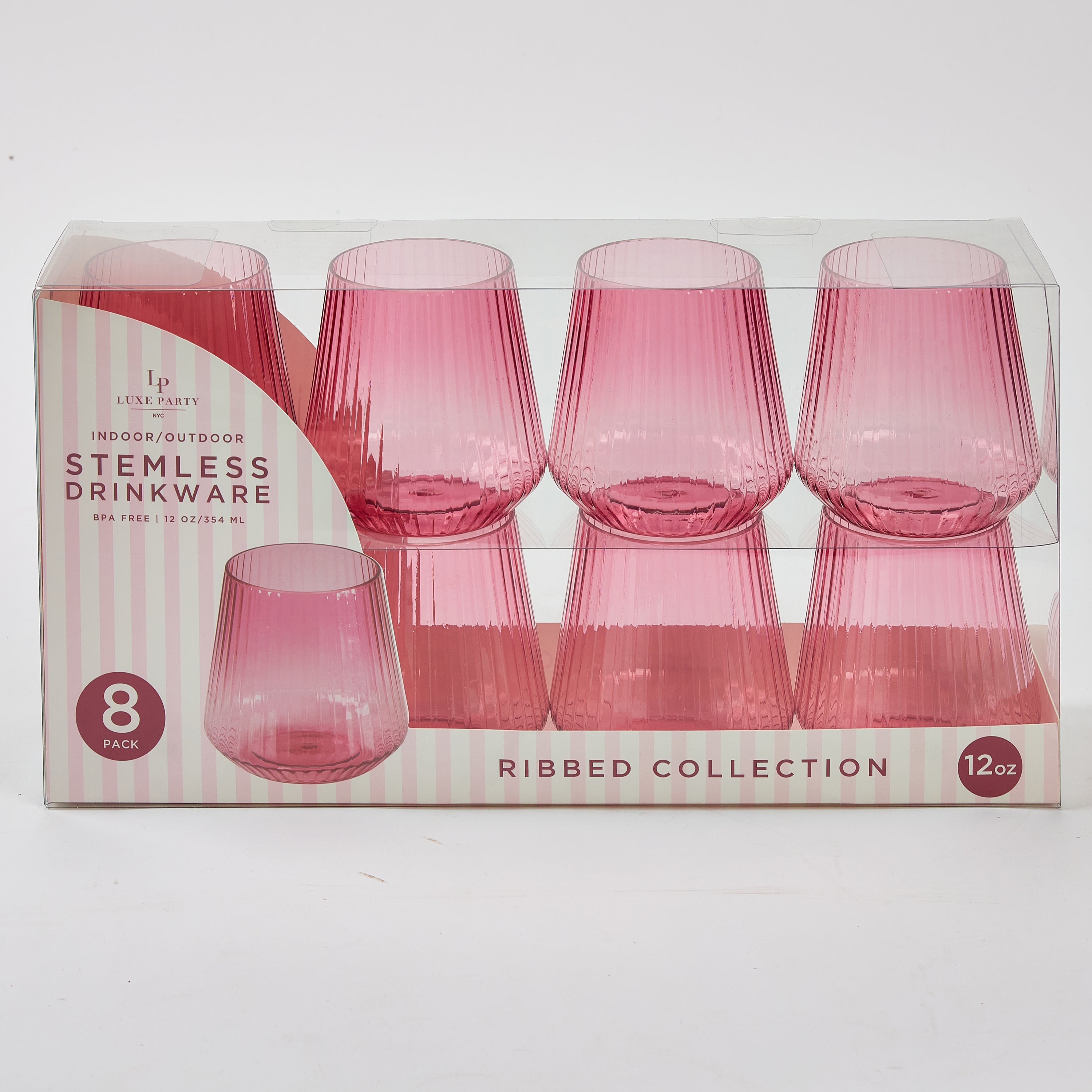 12 oz. Pink Plastic Stemless Ribbed Wine Goblets - 8 Pack Set for Parties, Weddings, and Outdoor Events - Shatterproof & Reusable Drinking Cups