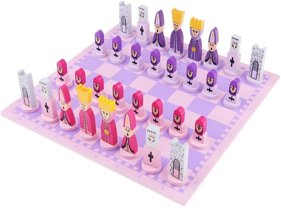 Pink Wooden Chess Set - Cute Cartoon Board Game with Chessboard - Educational Strategy Game for Adults & Kids - Perfect for Family Game Nights & Learning Fun
