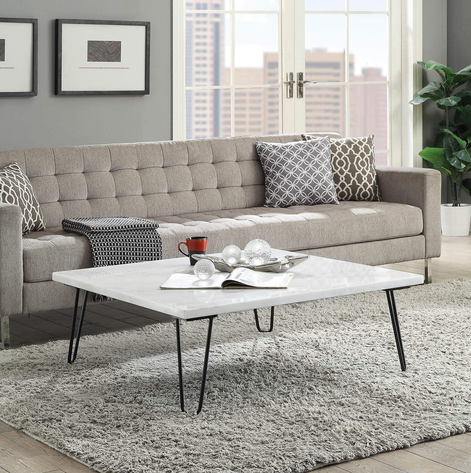 Benjara White and Black Marble Coffee Table with Hairpin Metal Legs - Modern Living Room Furniture for Small Spaces, Home Office & Apartment Decor