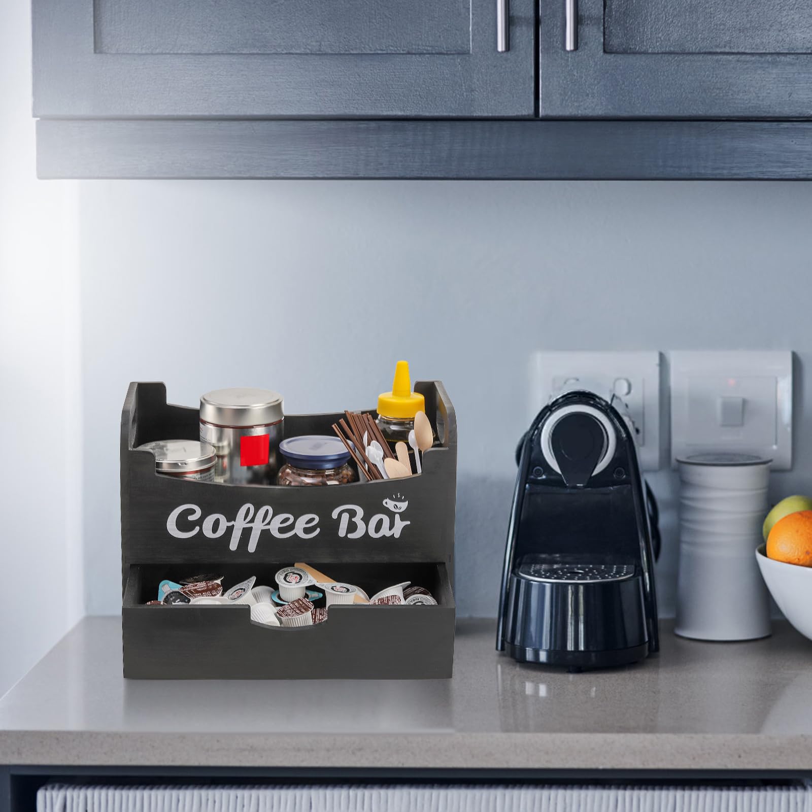Dicunoy Wooden Coffee Bar Organizer with Drawer & Pod Holder - Black Kitchen Countertop Organizer for Coffee, Tea & Condiments - Perfect for Office Breakroom & Home Coffee Station
