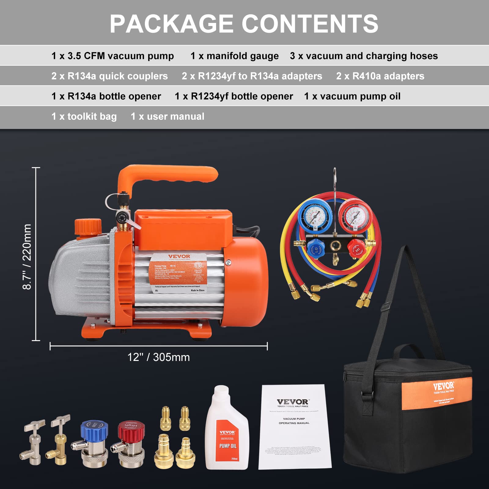 VEVOR 3.5 CFM AC Vacuum Pump & Gauge Set for A2L & A1 Refrigerants (R1234yf R134a) - 1-Stage Rotary Vane Vacuum Pump with Manifold Gauge Kit, Quick Coupler & Bottle Opener - Perfect for HVAC Repair, Auto AC Service & Refrigerant Recovery