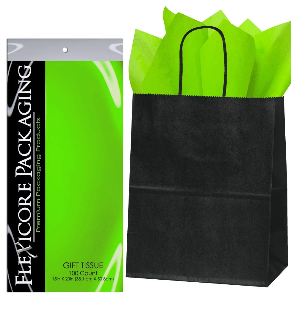 Premium Black Kraft Paper Gift Bags with Lime Green Tissue Wrap - 8