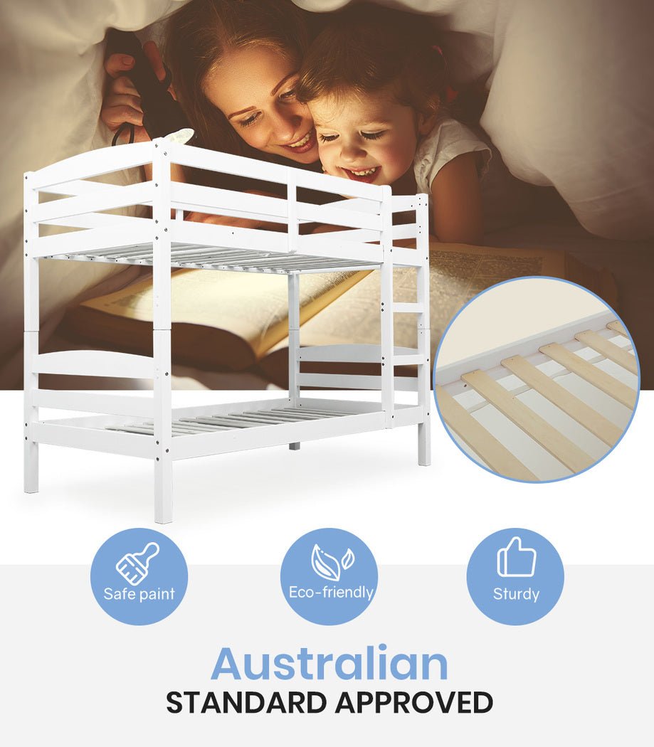Kids Single Wooden Bunk Bed Frame - White | Sturdy & Safe Loft Bed for Children's Bedroom | Perfect for Siblings, Sleepovers & Small Spaces