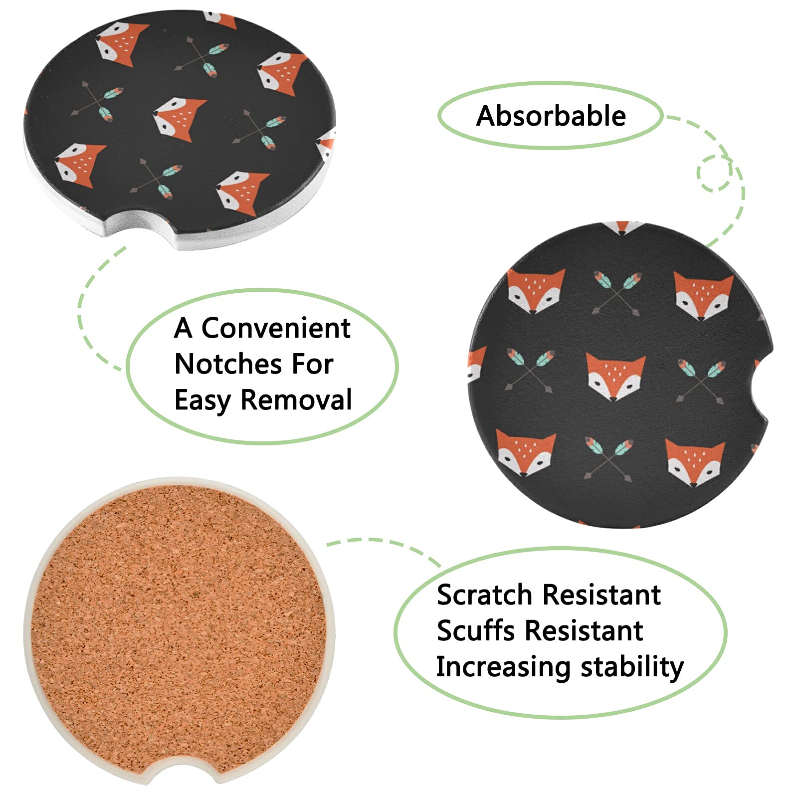 2-Pack Fox & Arrow Pattern Ceramic Car Coasters - Absorbent Cup Holder Coasters for Drinks - Cute Car Accessories for Men & Women (2.56in) - Perfect for Coffee, Soda & Beverage Spill Protection in Vehicles
