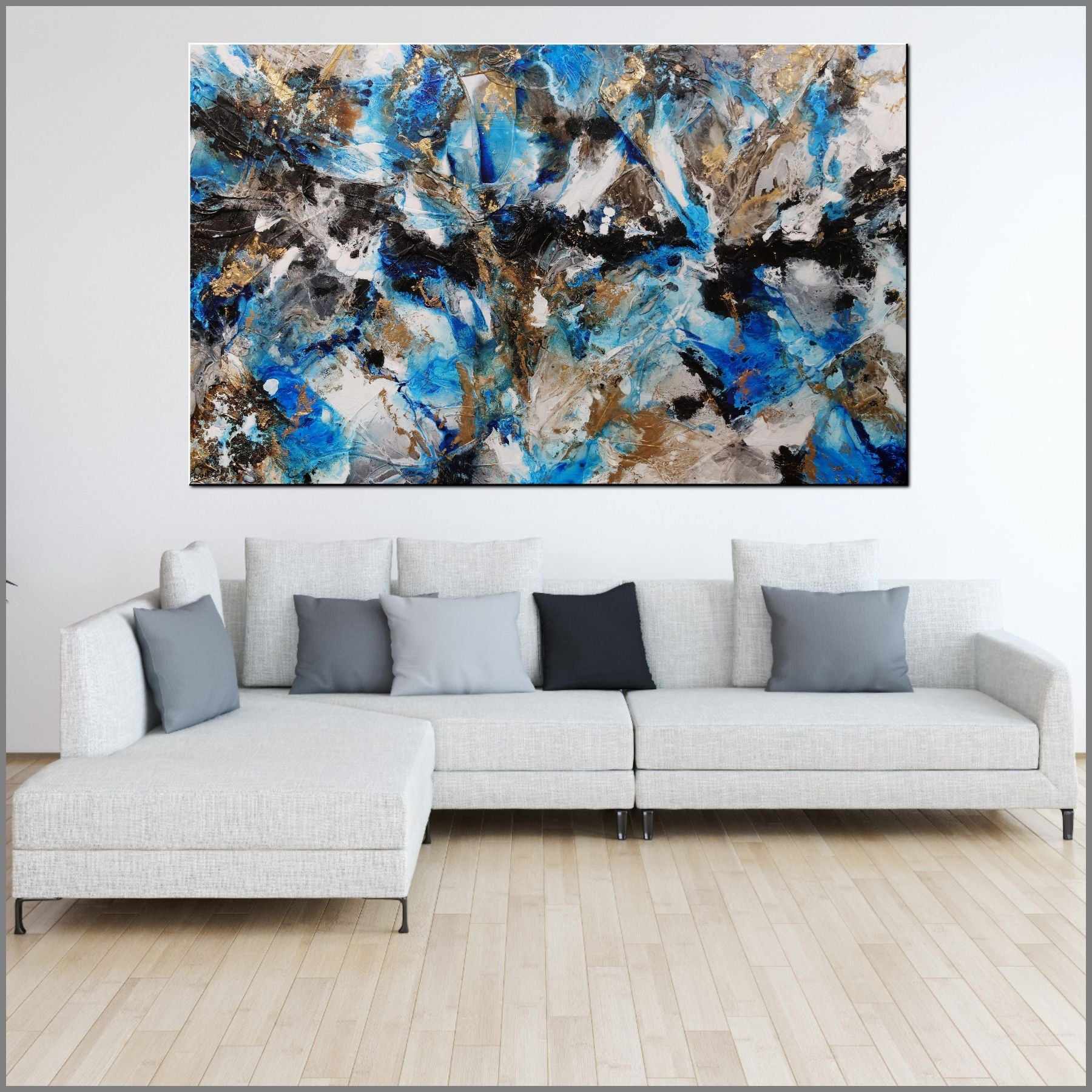 250cm x 150cm Metallic Gold Blue Textured Abstract Wall Art Painting - Coastal Grunge Style for Living Room, Bedroom & Office Decor