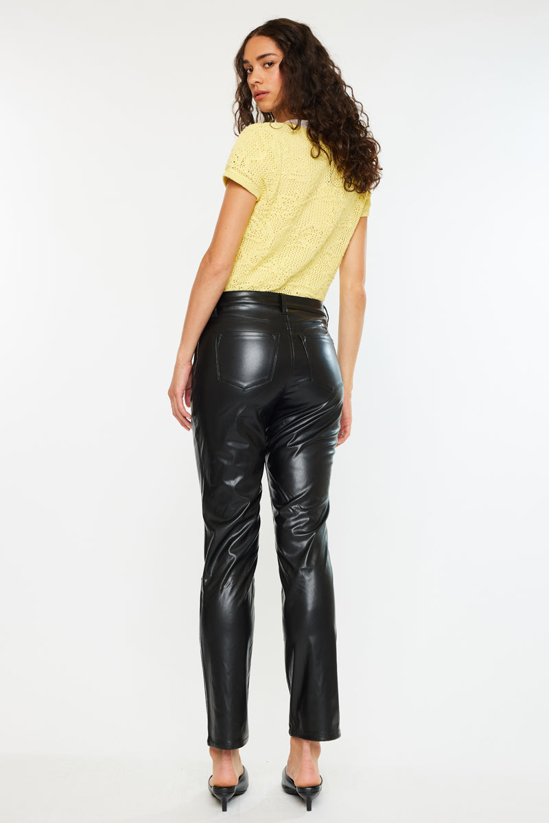 Rudi High Rise Faux Leather Slim Straight Leg Jeans for Women - Stretchy Comfort Fit Pants for Work, Casual & Night Out