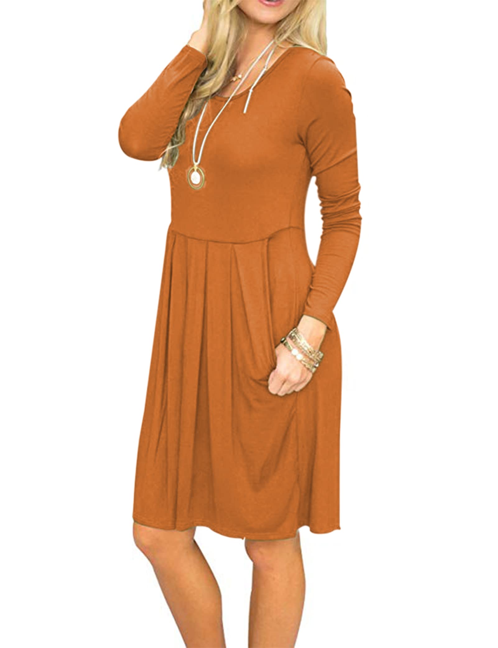 AUSELILY Women's Long Sleeve Pleated Swing Dress - Loose Casual Knee Length Dress with Pockets | 2025 New Collection | Perfect for Work, Date Night & Weekend Outings