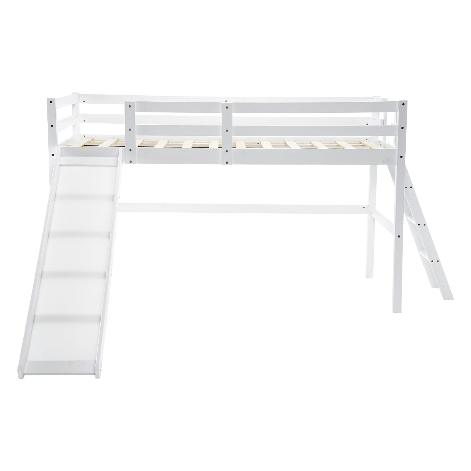 VINGLI Twin Loft Bed with Slide - Space Saving Kids Low Loft Bed with Guardrail & Ladder - Sturdy Pine Wood Bed Frame for Boys & Girls (White) - Perfect for Small Bedrooms & Playrooms