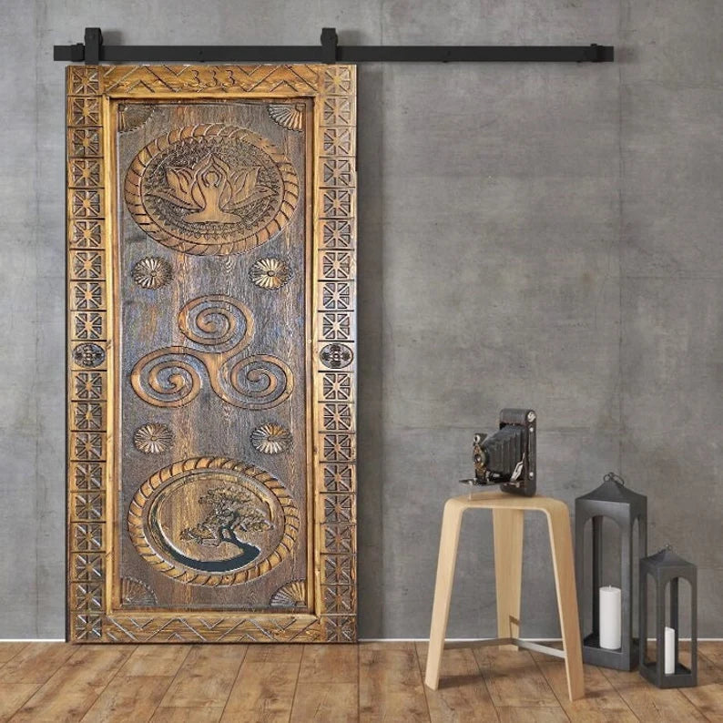 Hand Carved Yoga Barn Door - Solid Mango Wood Custom Interior/Exterior Door - Front Entryway & Wall Decor for Home, Office & Meditation Spaces