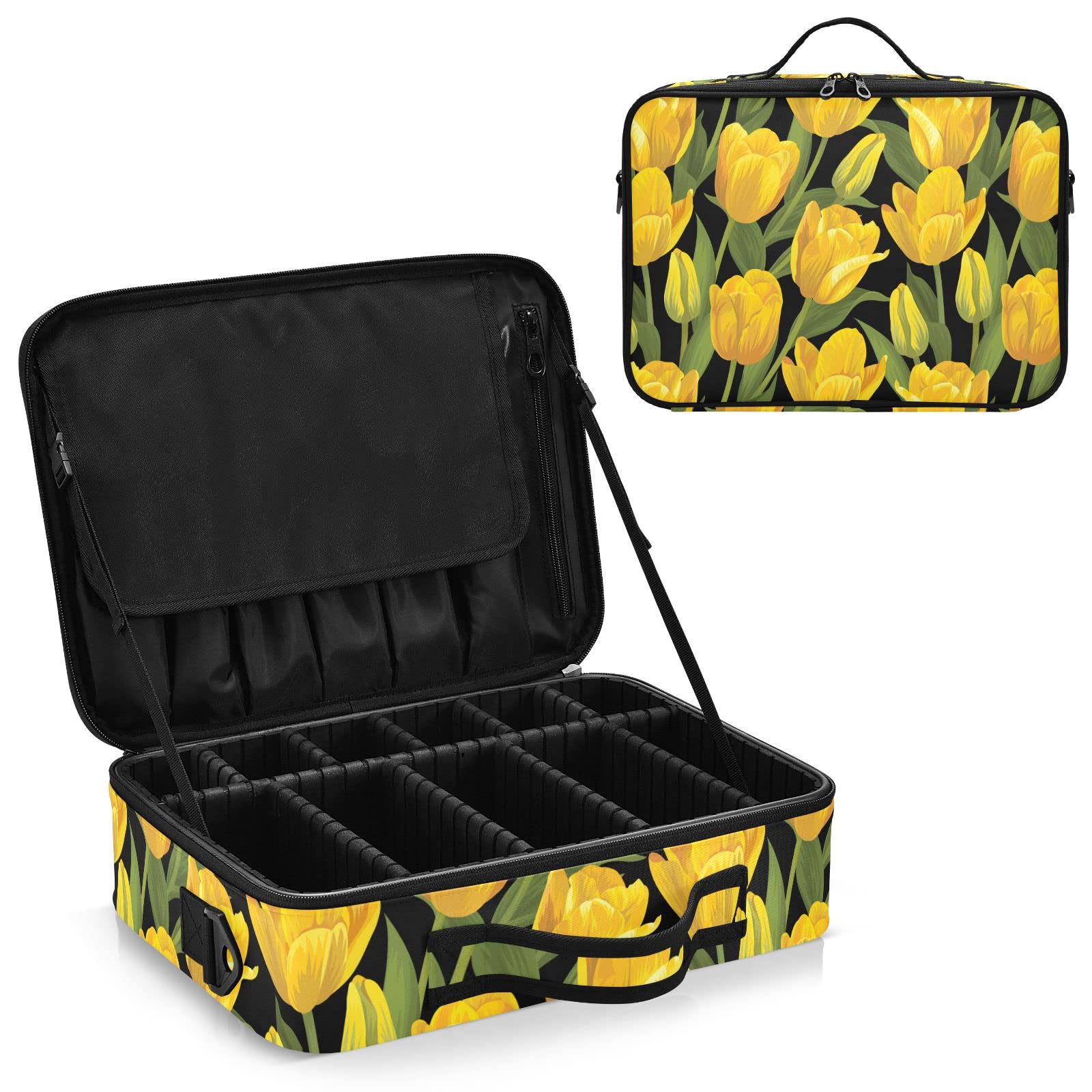 Vintage Yellow Tulip Flowers Travel Makeup Bag for Women - Professional Cosmetic Case Organizer & Portable Artist Storage Bag - Perfect for Travel, Daily Use & Makeup Artists