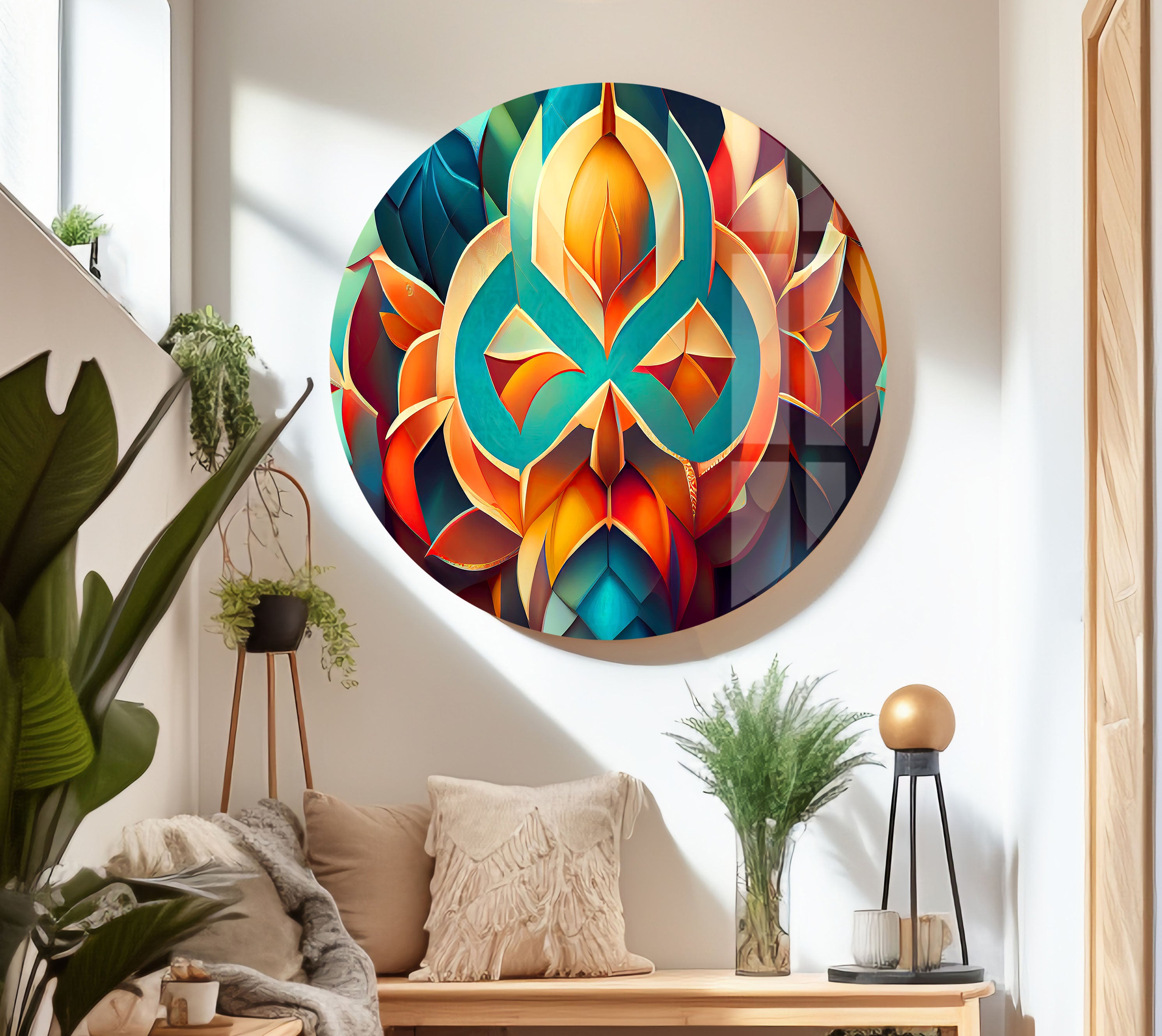 3D Geometric Mandala Glass Wall Art - Vibrant Abstract Lotus Design for Home & Office Decor | Modern Spiritual Meditation Room Decorations | Unique Gift Idea for Yoga Lovers & Art Collectors