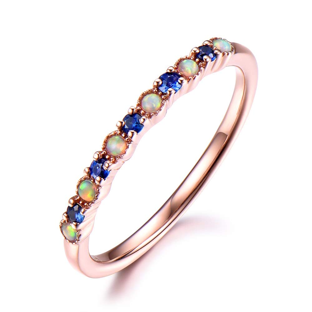 Natural Blue Sapphire Wedding Ring - 14k Rose Gold Vintage Engagement Ring for Women, Opal Stackable Band, Perfect for Bridal Sets, Anniversary Gifts & Everyday Wear