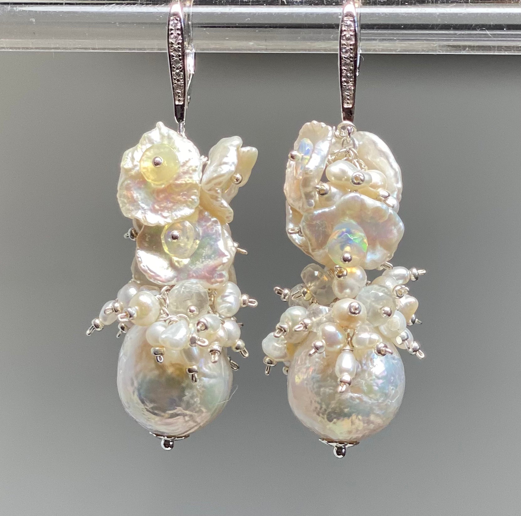 Baroque Pearl Cluster Bridal Earrings - White Keishi Pearls & Opal Cascade Drop Earrings for Wedding, Prom, Special Occasions