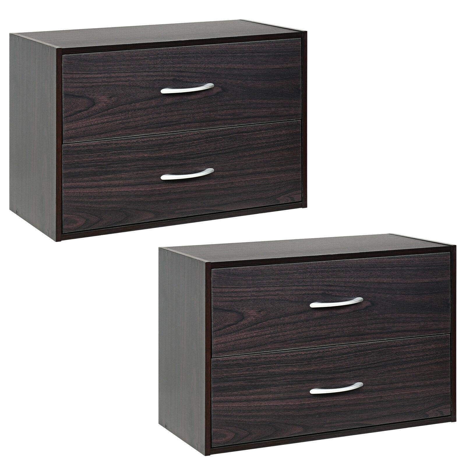 2-Pack Stackable 2-Drawer Horizontal Dresser Organizer - Espresso Finish Bedroom Storage Cabinet for Clothes, Accessories & Bedside Essentials | Space-Saving Closet & Bedroom Furniture Organizer