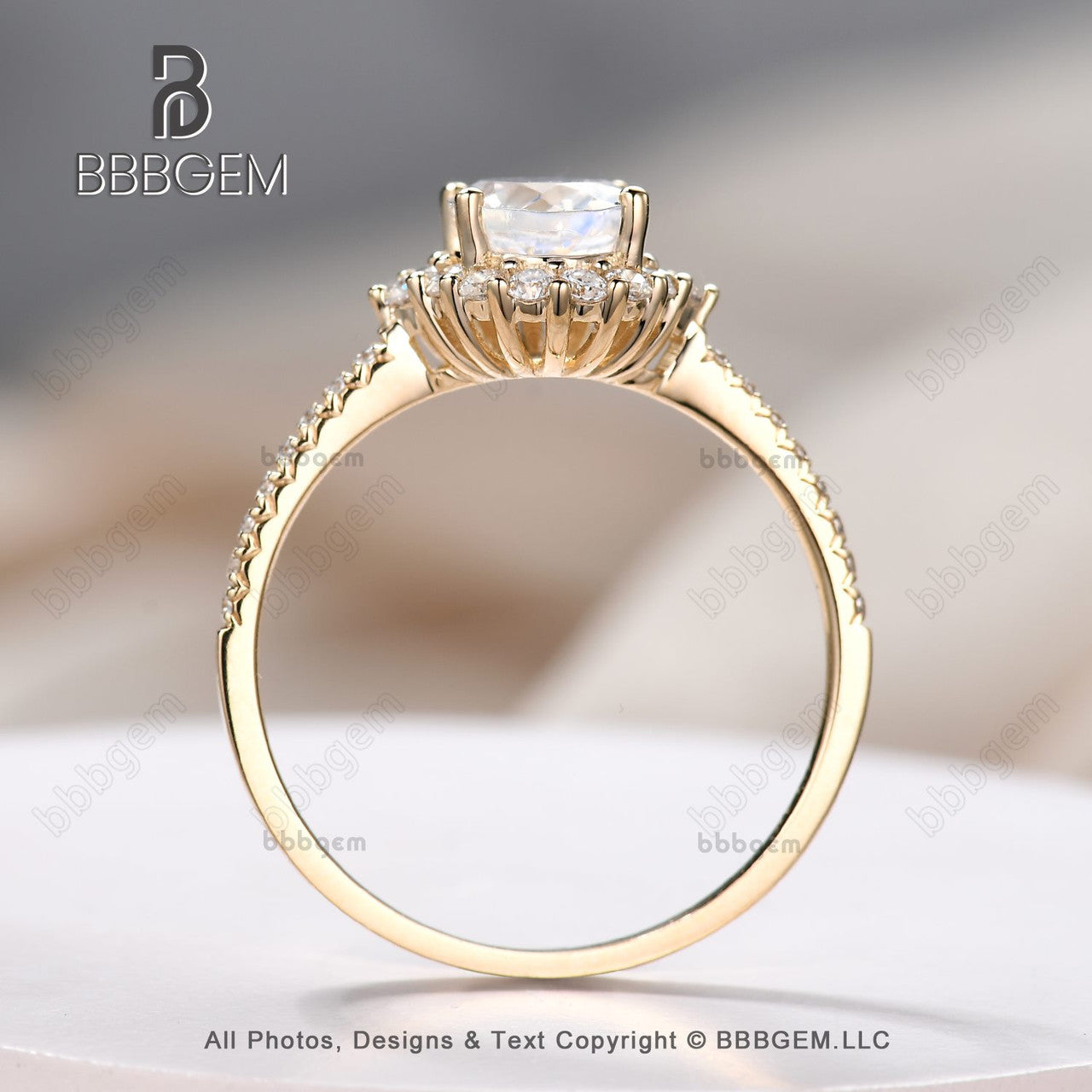 6X8mm Oval Moonstone Wedding Ring with Moissanite Halo in 18K Yellow Gold - Elegant Bridal Ring for Women, Perfect Christmas Gift for Anniversary, Engagement or Special Occasions