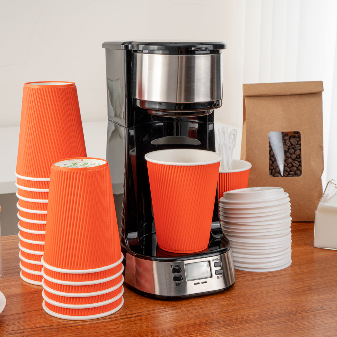 12 oz Tangerine Orange Ripple Wall Paper Coffee Cups with White Lids - Pack of 20 (3.5