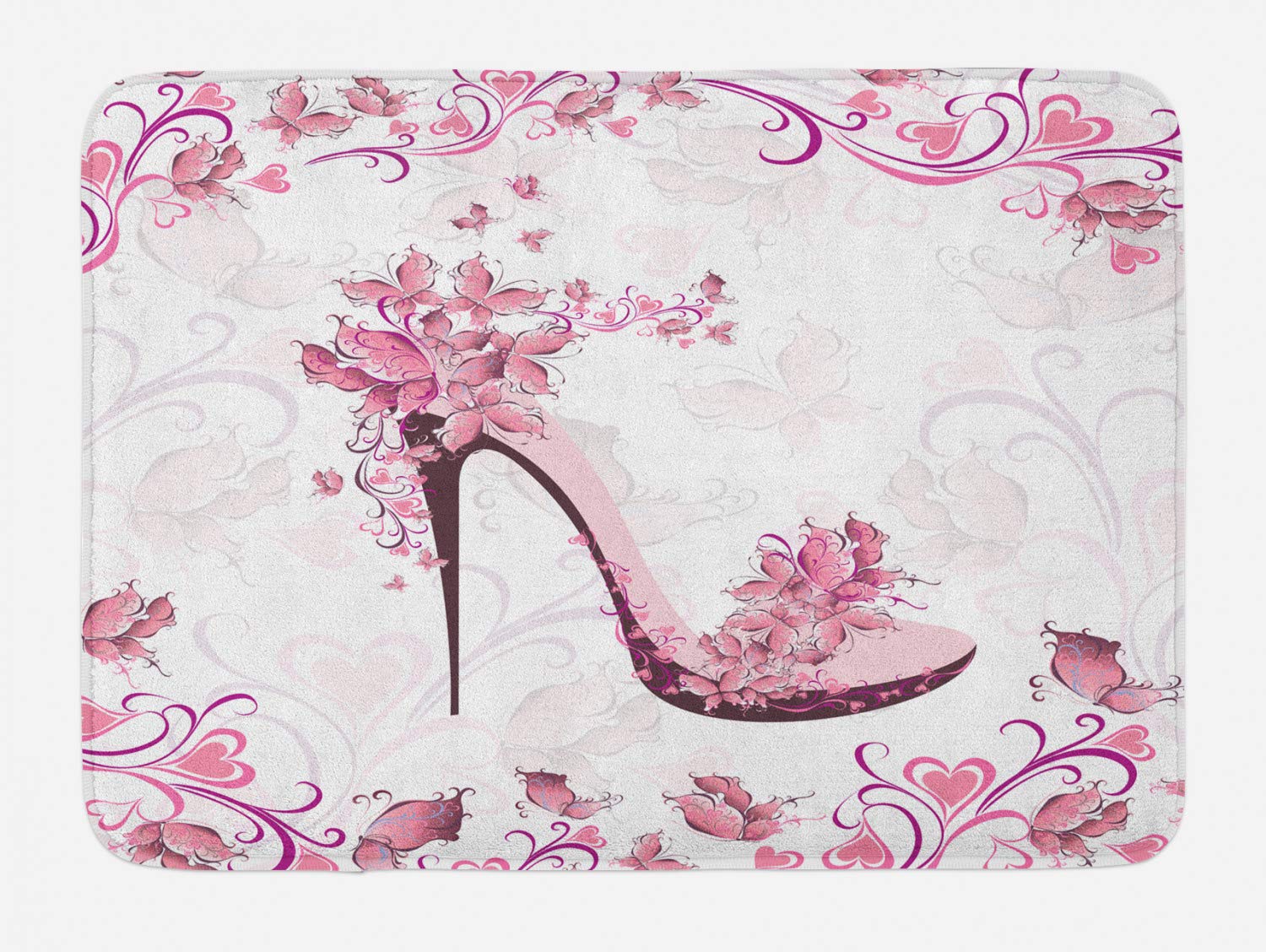 Lunarable Pink and White Bath Mat - Non-Slip Plush Bathroom Rug with Feminine Butterfly & Heart High Heel Shoe Pattern, 30.2 x 20 Inches, Pale Pink - Soft & Absorbent for Bathroom, Vanity, Dressing Room Decor