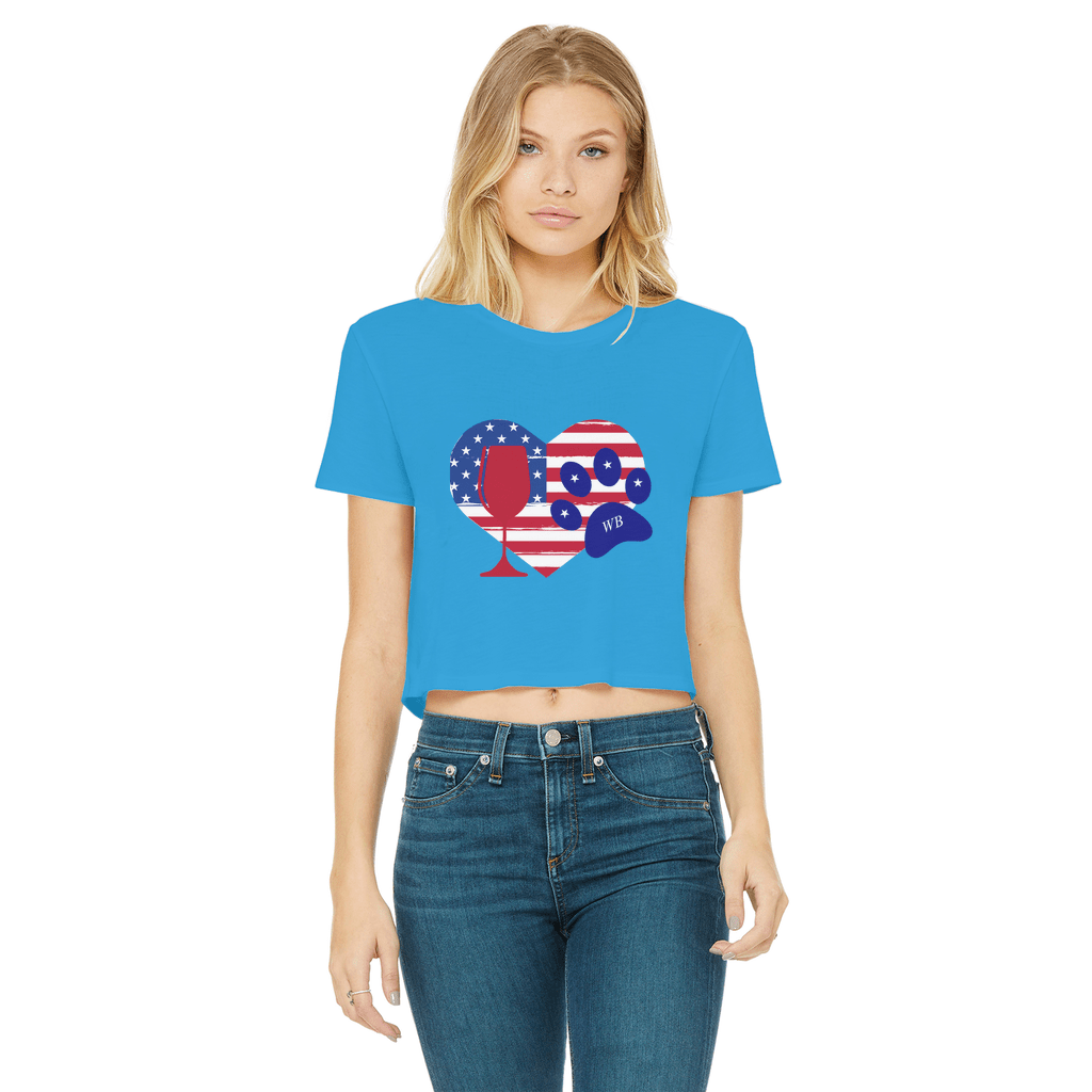 WineyBitches.Co Women's Cropped Raw Edge T-Shirt with Heart Paw Print - American Wine Lover Tee for Casual Outfits, Girls Night Out & Wine Tasting Events